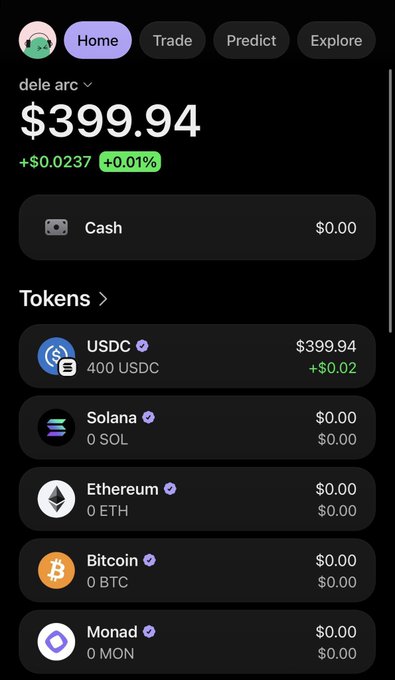 A mobile screenshot of a crypto wallet display showing a portfolio balance of "$399.94" (+0.01%) with 400 USDC tokens, reflecting the poster's funds available for placing bets on World Cup matches through ToshiBet.