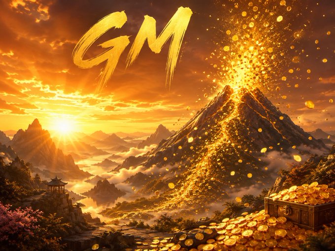 An illustrated landscape featuring a golden volcano erupting with glowing coins, a treasure chest overflowing with gold, and the letters "GM" painted in large golden strokes against a sunset sky.