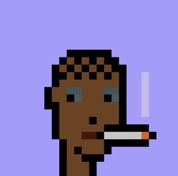 A pixel art portrait of a brown-skinned character with short hair smoking a cigarette against a light purple background.