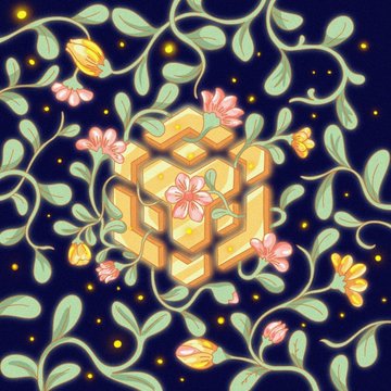 A stylized illustration of golden interlocking geometric cubes at the center, surrounded by whimsical vines, pink and yellow flowers, and glowing stars against a deep navy background.

The image's ornate, high-effort artistic style visually reinforces the post's argument that BNB Chain should embrace and support the artistic community behind art coins like the one depicted, positioning itself as a hub for creative, community-driven launches similar to how Solana once supported projects like fwog.