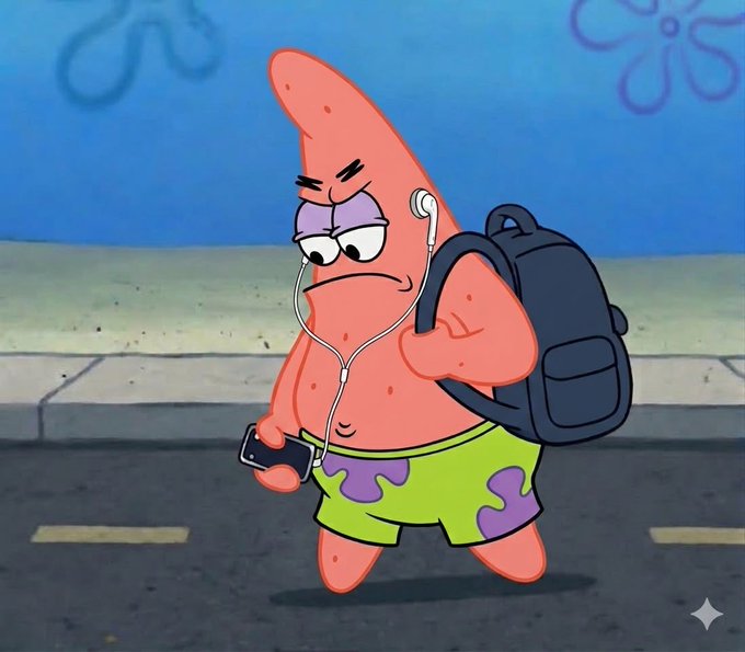 An edited cartoon image of Patrick Star from SpongeBob SquarePants looking annoyed while walking, wearing earphones, green and purple shorts, and carrying a black backpack, with a phone in his hand.