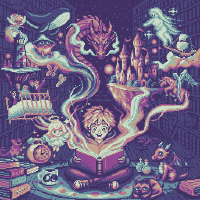 The image features a boy sitting down with a book, surrounded by various characters from fairy tales such as dragons, fairies, and other mythical creatures. The scene includes a castle, a clock, and a cat among the elements of the illustrations. The background is filled with purple and blue colors, creating an enchanting atmosphere. The post appears to be related to the story "Unbound Dreams! basepaint.xyz/mint", which could possibly be a part of a larger fairy tale or fantasy series.