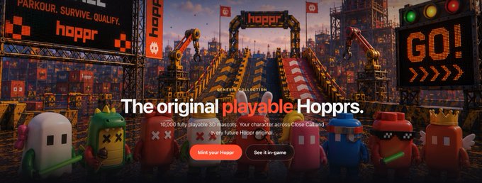 The image showcases Hoppr's "Genesis Collection" promotion, featuring colorful, crown-wearing characters in a "GO" race-like setting with text reading "The original playable Hopprs" and "10,000 fully playable 3D mascots." This complements the post's giveaway announcement of 1,000 Hoppr Genesis collectibles, with at least 200 available in the first campaign.