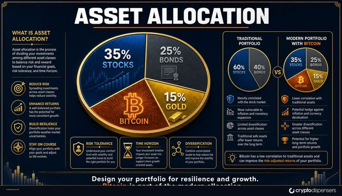 An infographic titled "Asset Allocation" from Cryptodispensers illustrates a portfolio split of 35% Stocks, 25% Bonds, 15% Gold, and 15% Bitcoin, comparing a Traditional Portfolio (60% Stocks/40% Bonds) against a Modern Portfolio with Bitcoin that offers lower correlation with traditional assets and higher potential returns. The image visually reinforces the concept introduced in the post by showing how diversification across multiple asset classes—including digital assets like Bitcoin—can build a more resilient and growth-oriented portfolio.
