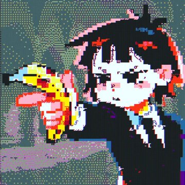 A glitchy, pixelated retro-style illustration of an anime girl with black hair holding a yellow toy gun, rendered with distorted red, green, and blue color channels.