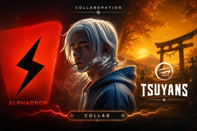 A stylized promotional banner announcing a collaboration between AlphaDrop and Tsuyans, featuring a white-haired anime-style character smoking beside a lightning bolt logo, set against a Japanese landscape with Mt. Fuji and a torii gate, with the text "COLLABORATION" at the top and "COLLAB" button at the bottom.