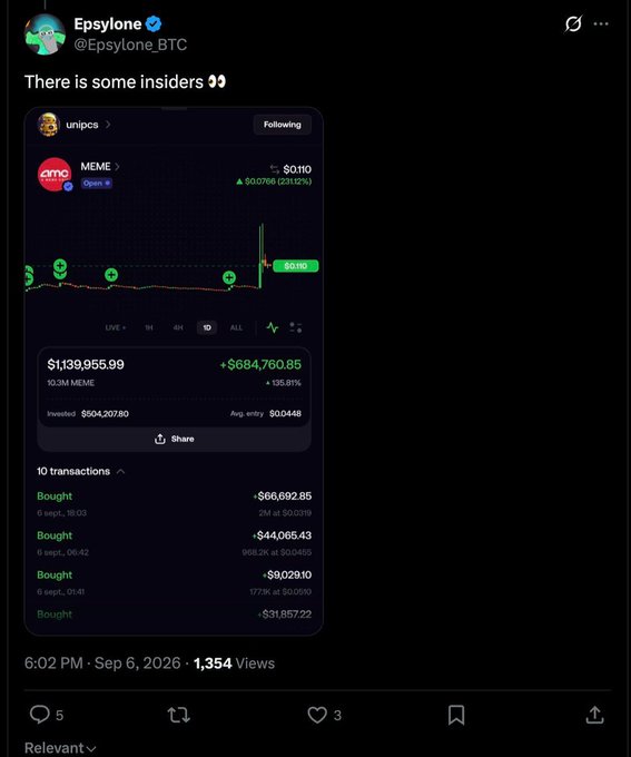 A screenshot of a tweet by Epsylone (@Epsylone_BTC) stating 'There is some insiders 👀' showing a trading chart for a 'MEME' token on UniPcs with $1,139,955.99 invested and +135.81% gains.