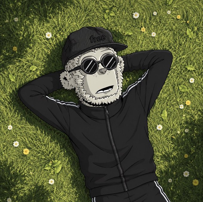A cartoon sloth wearing sunglasses and a cap labeled "free" lounges in a grassy field dotted with daisies, dressed in a black tracksuit while resting with hands behind its head—its relaxed pose perfectly capturing the laid-back vibe of a scorching summer day.