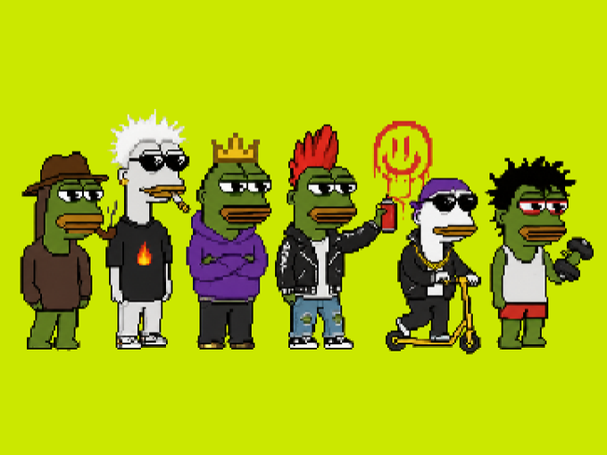 Six pixel-art Pepe the Frog characters styled as various edgy personas (a stoner, rocker, king, punk, scooter rider, and alt-goth) are lined up against a bright yellow background, promoting the "Dead Pepes" NFT collection launching on OpenSea in 49 hours.