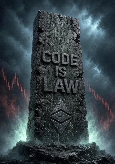 A stone monolith carved with circuit board patterns stands against a dark, cloudy sky, bearing the text "CODE IS LAW" and the Ethereum diamond logo.