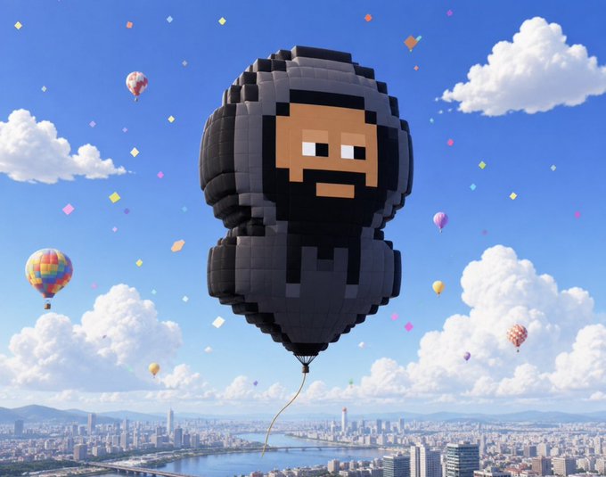 A pixelated character-shaped hot air balloon floating above a cityscape with other balloons in the sky.