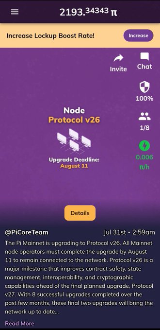 This screenshot shows a Pi Network node upgrade to Protocol v26 with an upgrade deadline of August 11, and a Pi balance of 2193.34343 π.
