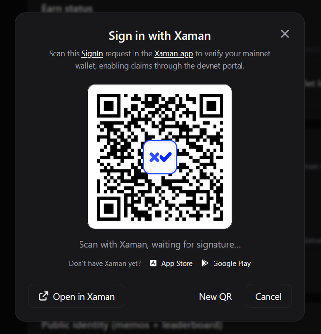 A 'Sign in with Xaman' dialog showing a QR code to scan with the Xaman app to verify a mainnet wallet, with options for App Store and Google Play.