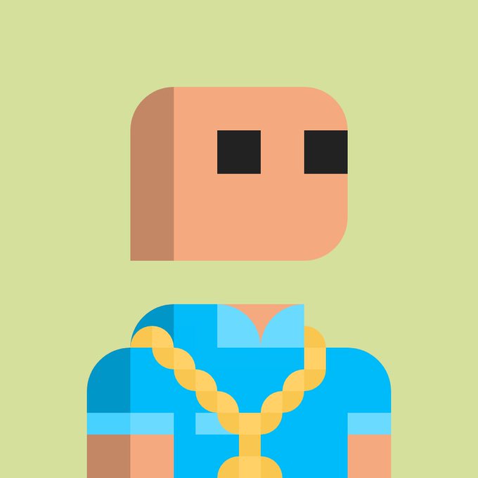 A pixel art character with a peach-colored blocky head, black square eyes, wearing a blue outfit with a yellow beaded necklace against a light green background.