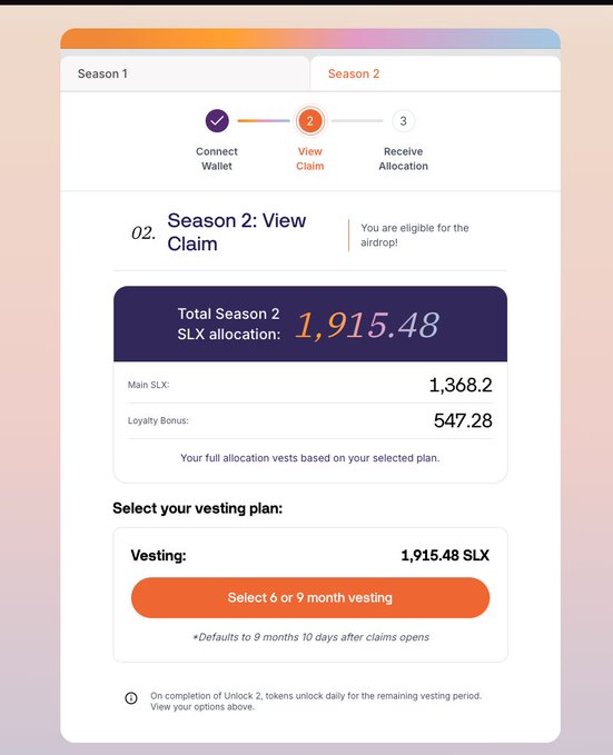 A mobile app interface showing 'Season 2: View Claim' with a Total Season 2 SLX allocation of 1,915.48, broken down into Main SLX (1,368.2) and Loyalty Bonus (547.28).
