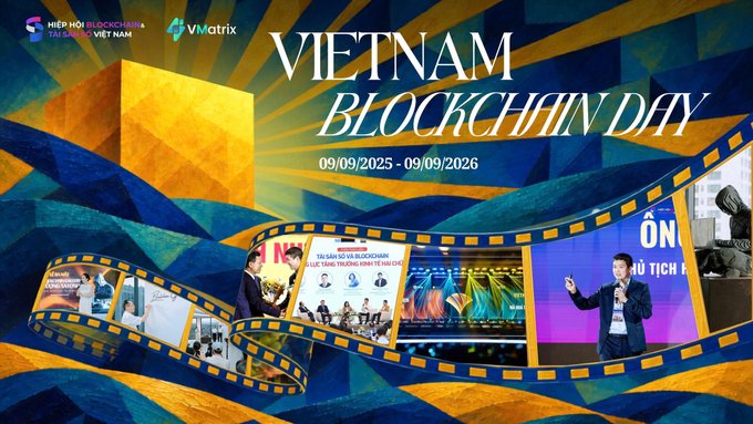 A promotional graphic for 'VIETNAM BLOCKCHAIN DAY' spanning 09/09/2025 - 09/09/2026, featuring a film strip design with photos from the event and logos for Hiep hoi Blockchain Vietnam and vMatrix.