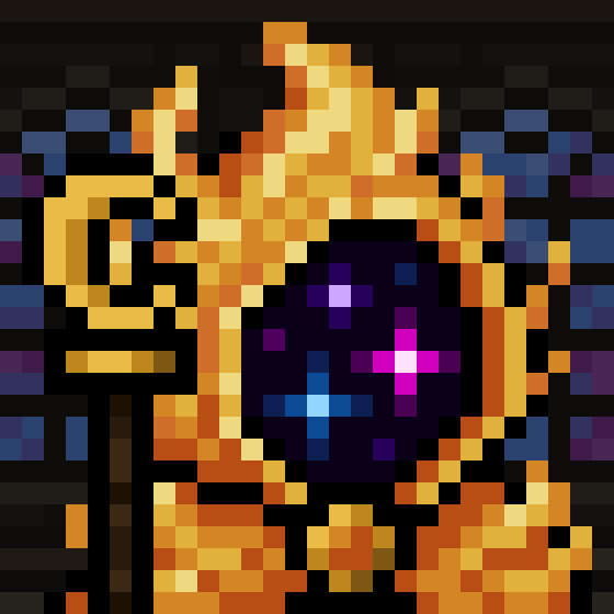 A pixel art image shows a figure with orange/gold hair holding a glowing staff, rendered in a blocky, retro video game style.