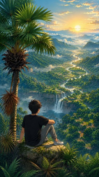 An anime-style illustration of a young person sitting on a cliff edge, looking out over a lush, expansive valley with waterfalls and a sunset.