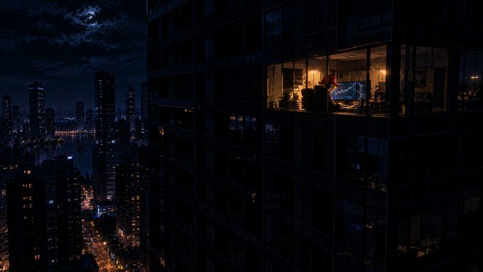 A nighttime cityscape view showing a lit high-rise apartment with people working at computer screens inside, overlooking a dark city skyline and illuminated streets.