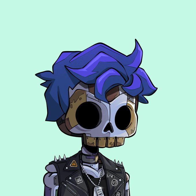 A stylized cartoon character with blue-purple spiky hair wearing a skull-like mask and a spiked leather jacket with patches and chains, set against a mint green background.