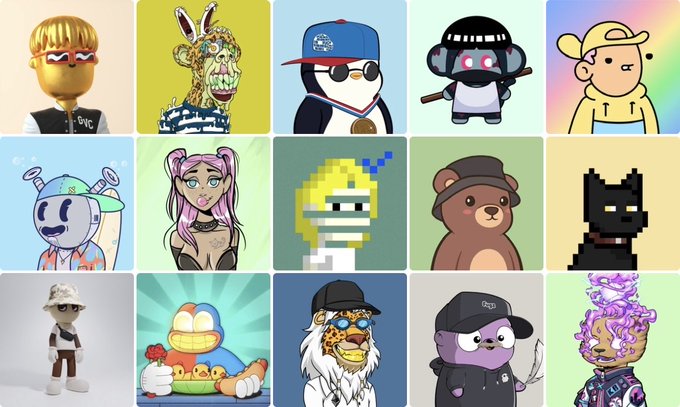 A 3x5 grid of cartoon and pixel art character NFTs featuring various designs including a yellow figure, rabbit, shark, penguin, hoodie character, anime girl, and other stylized creatures.