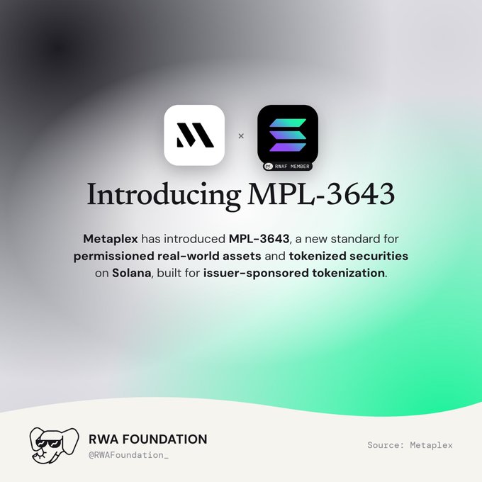 A promotional graphic introducing MPL-3643, a new standard for permissioned real-world assets and tokenized securities on Solana developed by Metaplex, shared by RWA Foundation.