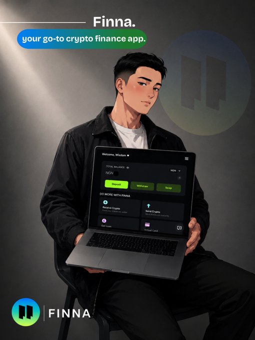 A stylized illustration of a young man holding a laptop displaying the Finna app interface (showing options like "Deposit," "Withdraw," "Swap," "Receive Crypto," and "Send Crypto" with NGN currency), paired with the tagline "Finna. your go-to crypto finance app," visually reinforces the post's message about solving the gap between holding stablecoins like USDT and converting them into spendable everyday currency.