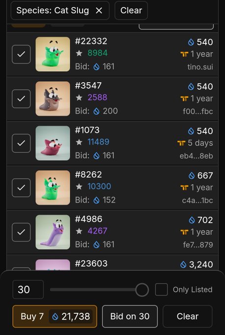 A digital marketplace interface displays a list of "Cat Slug" collectibles filtered by species, showing 30 items with checkboxes selected for 7 listings ranging from 540-3,240 SUI, with a "Buy 7" option totaling 21,738 SUI at the bottom. The image illustrates the post's claim about "7 CATSLUGS LEFT" available at a 540 SUI floor price, highlighting them as rare Popkins species collectibles.