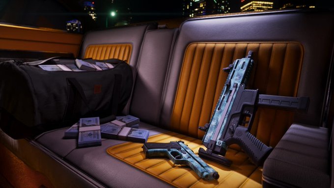 The backseat of a car displays stacks of cash, a duffel bag of money, a submachine gun, and a pistol, evoking the gritty, criminal aesthetic of Grand Theft Auto—fitting imagery for a leak revealing a cryptocurrency scheme tied to GTA 6.