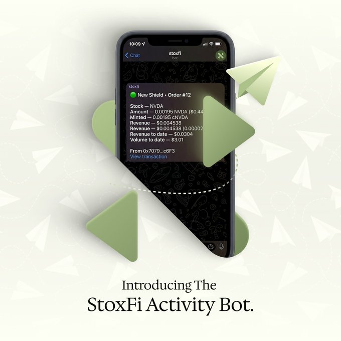 A promotional graphic showcasing the new StoxFi Activity Bot, featuring an iPhone displaying a Telegram notification from "stoxfi" about a new "Shield • Order #12" for NVDA stock (Amount — 0.00195 NVDA ($0.44), Revenue — $0.004538, Volume to date — $3.01), with text below reading "Introducing The StoxFi Activity Bot." The image illustrates the post's announcement of a real-time Telegram notification bot that alerts the community whenever users execute stock transfers on the STOX platform.