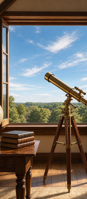 A peaceful interior scene showing a brass telescope on a wooden tripod positioned by an open window overlooking a green forest under a blue sky, with a stack of old books on a wooden table.