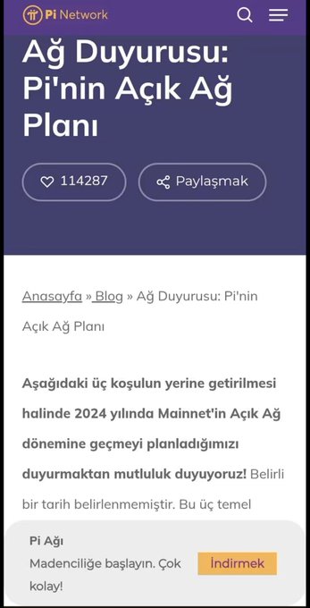 The image shows a Pi Network blog announcement titled "Ağ Duyurusu: Pi'nin Açık Ağ Planı" (Network Announcement: Pi's Open Network Plan) with 114,287 likes, mentioning that Mainnet's Open Network phase is planned for 2024 pending three conditions, but no specific date has been set. This relates to the post by explaining one possible reason for Pi Network's delays—the project's cautious approach to transitioning from a speculative model to a real utility economy based on actual blockchain adoption before launching the Open Network.
