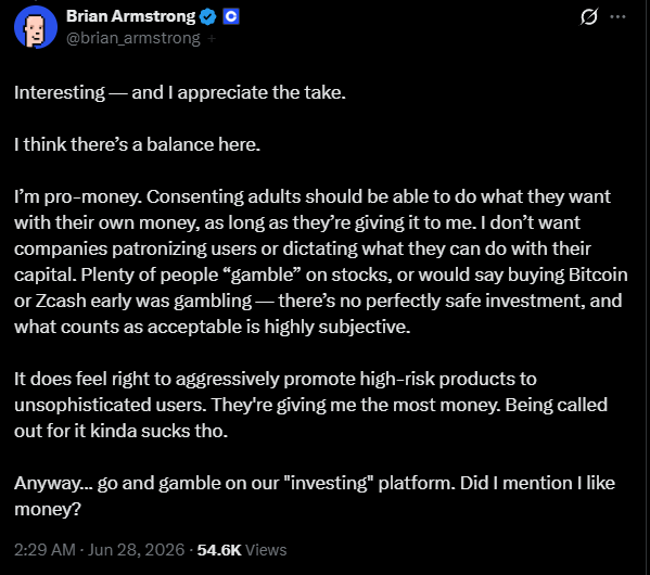 Brian Armstrong's tweet replies to criticism of promoting high-risk investments, claiming he's "pro-money" and that consenting adults should be able to gamble with their capital, while sarcastically inviting users to gamble on Coinbase's platform.
