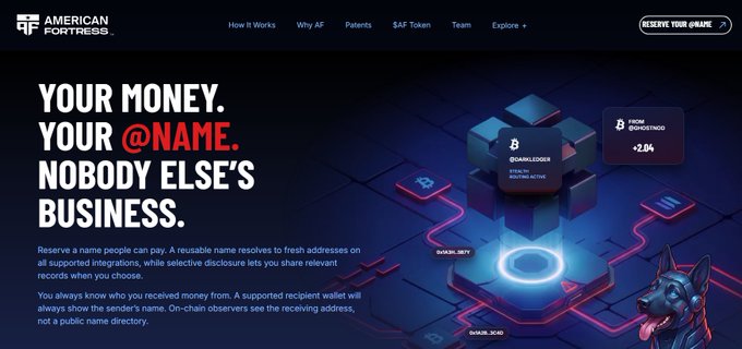 An American Fortress website banner reading 'YOUR MONEY. YOUR @NAME. NOBODY ELSE'S BUSINESS.' promoting a BNBCHAIN-based naming system.