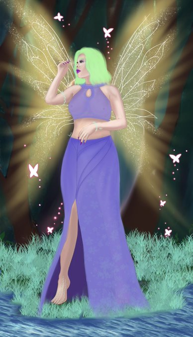 A digital illustration of a fairy-like female figure with green hair, translucent butterfly wings, and a flowing purple gown, standing in glowing grass surrounded by butterflies against a dark forest background.