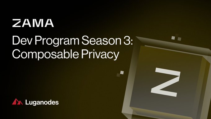 The image features a square block with the letter "Z" written on it. The text above the image reads "zama", which is likely related to the Developer Program Season 3 of the zama series, focusing on the concept of composable privacy in software development.
