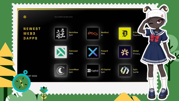 A graphic showcasing 'NEWEST WEB3 DAPPS' featuring various dapp logos (Hertzflow, NeoSoul, Kinto, Tokenvest, PulsarX, Hinkal, LunarBase, K3 Capital, Syfu) alongside an anime-style character in a sailor outfit.