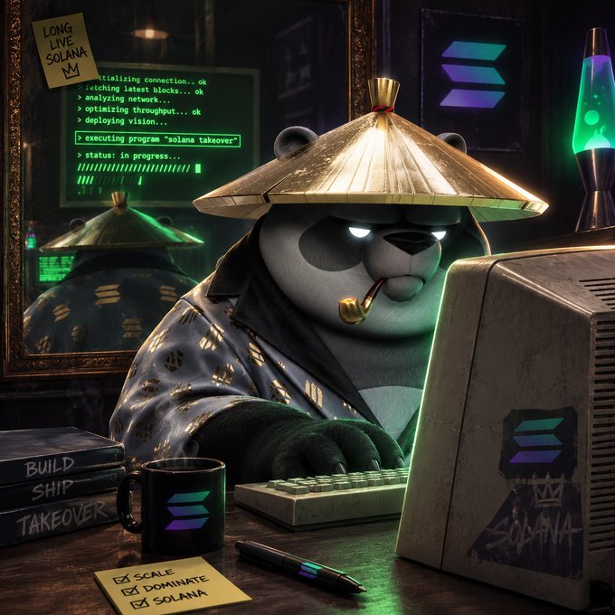 A determined panda in a conical hat and samurai robe smokes a pipe while executing a "solana takeover" program on an old CRT monitor, with sticky notes reading "LONG LIVE SOLANA," "BUILD SHIP TAKEOVER," and "SCALE, DOMINATE, SOLANA" scattered around the desk.

The image ties to the post's message by showing relentless persistence and unwavering belief in a vision—just as the panda continues his mission despite the late-night grind, the post encourages readers to keep trying new things and never stop believing in what's possible.