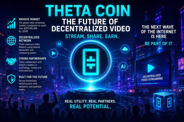 The image features a poster or banner with a blue background, displaying an illustration of a city skyline at night. The text on the poster reads "Theta Coin", which is likely related to cryptocurrency. Below this, there are descriptions of what Theta Coin can do and its potential benefits for users. The poster also includes a list of features that make it stand out from other cryptocurrencies.