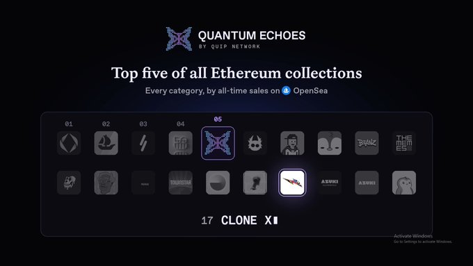 A digital graphic titled 'QUANTUM ECHOES BY QUEP NETWORK' displays the 'Top five of all Ethereum collections' by all-time sales on OpenSea, showing numbered NFT icons including #05 highlighted with 'CLONE X' and #17 below labeled '17 CLONE X'.
