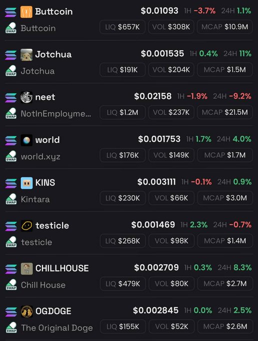A cryptocurrency trading interface displays various meme tokens including Buttcoin at $0.01093, Jotchua at $0.001535, neet at $0.02158, world at $0.001753, KINS at $0.003111, testicle at $0.001469, CHILLHOUSE at $0.002709, and OGDOGE at $0.002845, showing their liquidity, volume, and market cap with 1-hour and 24-hour price changes.