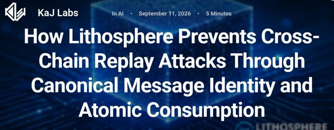 A banner for a KaJ Labs article titled 'How Lithosphere Prevents Cross-Chain Replay Attacks Through Canonical Message Identity and Atomic Consumption,' dated September 11, 2026.