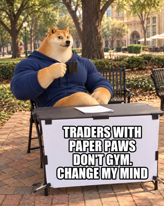 A meme featuring a muscular Shiba Inu dog wearing a blue hoodie sits behind a folding table with a sign reading 'TRADERS WITH PAPER PAWS DONT GYM. CHANGE MY MIND,' parodying the classic Change My Mind meme format.