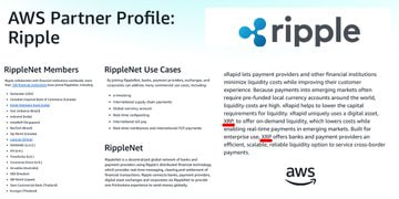 An AWS Partner Profile highlights Ripple's use of XRP Ledger for efficient cross-border payments, a relevant detail given recent discussions about XRP's market cap and price targets.