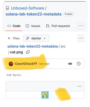The image shows a GitHub repository "Unboxed-Software/solana-lab-token22-metadata" displaying the official "cat.png" file in the src folder, contributed by user CoachChuckFF, with a highlighted yellow marker drawing attention to the cat image as the canonical Solana Cat asset. This supports the post's claim that the $SOLCAT token is derived from this official "Solana Cat" example asset that has existed in Solana's GitHub documentation for years.