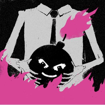 A stylized illustration with a bright pink background, depicting an empty white dress shirt and black tie above a black spherical character with a mischievous face, framed by jagged black and pink paint-like strokes.