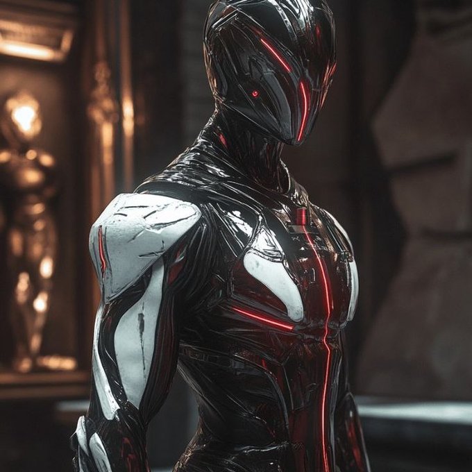A rendered character in a sleek black, red, and white futuristic armored suit with glowing red accents and a featureless helmet with a red visor slit.