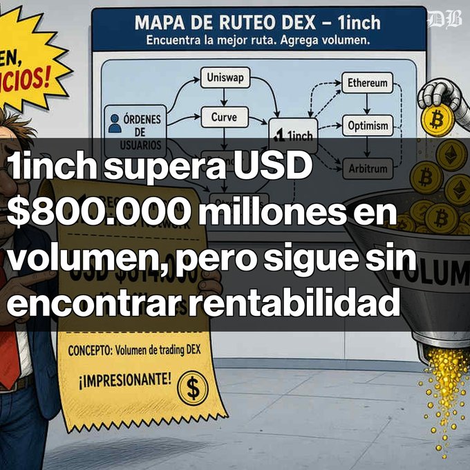 Infographic in Spanish titled 'MAPA DE RUTEO DEX - 1inch' showing DEX routing, with overlay text reading '1inch supera USD $800.000 millones en volumen, pero sigue sin encontrar rentabilidad'.