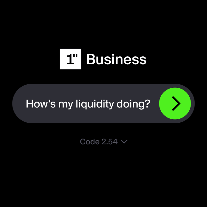 The image shows the 1inch Business interface featuring a chat prompt asking "How's my liquidity doing?" with a green send button and a "Code 2.54" dropdown below. It illustrates the post's message about 1inch's MCP being live on Aqua, where users can simply ask their agent questions about positions, fees, and activity across 13 chains using natural language—no code or dashboards required.