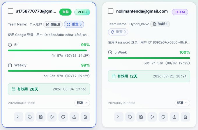 Two account subscription cards showing usage statistics - the left for 'a1758770773@gm...' (PLUS, 96% 5h used, 99% Weekly, 26 days validity) and the right for 'nollmantenda@gmail.com' (TEAM, 100% 5 Week used, 12 days validity).